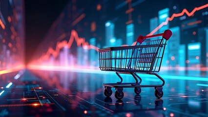 E-commerce Metrics Futuristic Background for Online Retail Analytics. Dynamic data visualization, charts, and graphs presenting insights into digital commerce trends and performance.