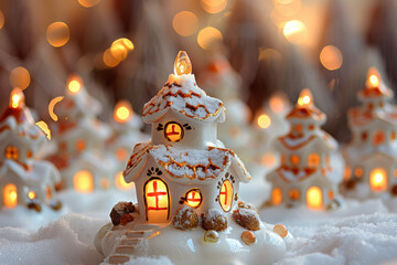 Snow on Porcelain Houses and Bokeh Lights