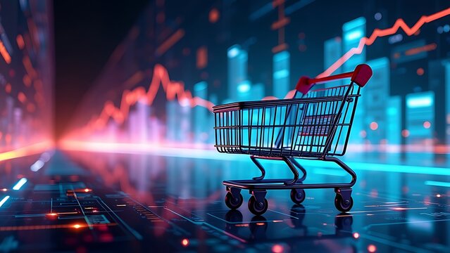 E-commerce Metrics Futuristic Background for Online Retail Analytics. Dynamic data visualization, charts, and graphs presenting insights into digital commerce trends and performance.