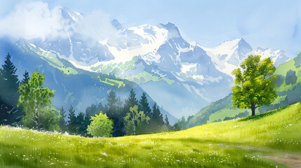 Alpine Majesty: A digital painting captures the serene beauty of the Swiss Alps, with lush green meadows, snow-capped peaks, and a lone tree standing tall against the majestic backdrop.  