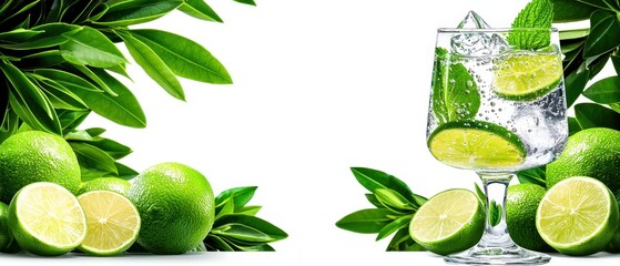 Fresh lime slices alongside a refreshing drink, surrounded by vibrant green leaves. Perfect for summer themes and cocktails.