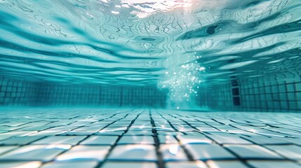 View of under water in white tiles swimming pool, with bright light shines into water