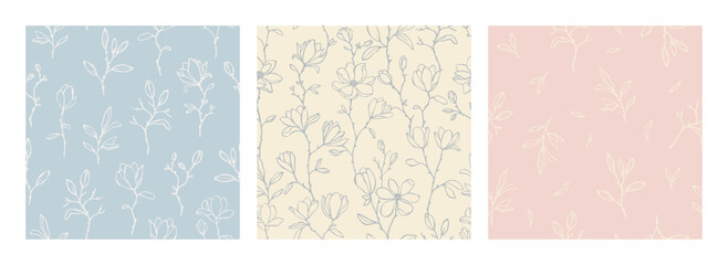Hand drawn set of vector seamless patterns with magnolia flowers in pastel color. Elegant floral background for textile, cover, print. Endless pattern with charming line art flowers. Cute illustration