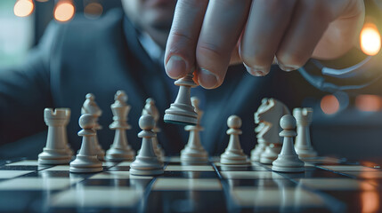 Focused close-up of a hand moving a chess piece during a game, symbolizing strategy, decision-making, and business tactics.