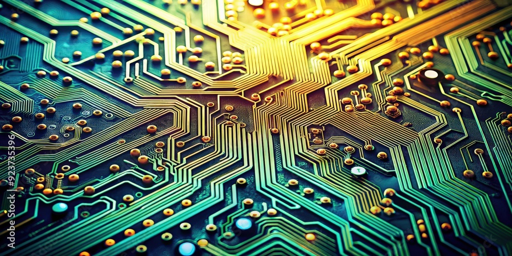 Poster abstract close-up of circuit board with intricate patterns and interconnected components, technology
