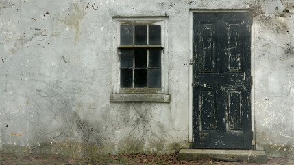 Timeworn Facade: An aged, weathered door and window stand sentinel on a textured wall, whispering tales of bygone eras. 
