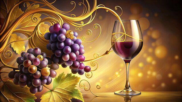 Vibrant, whimsical illustration features a wine glass overflowing with lush, purple grapes, surrounded by swirling vines and tendrils on a warm, golden background.