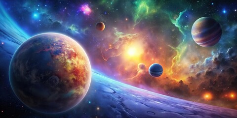 A detailed image of a vibrant planet surrounded by stars and nebulae , space, celestial, astronomical