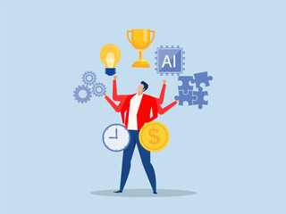 Coordination skill,businessman  working skill to reach winning trophy.Skill development for career growth to success 