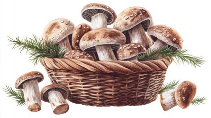 illustration of a wooden basket filled with freshly picked European mushrooms 