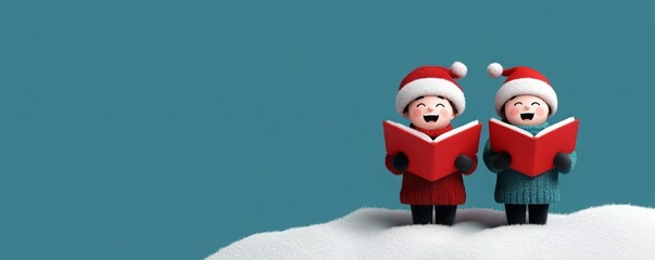 Two cheerful children in Santa hats singing carols on a snowy background, celebrating the joy of Christmas and holiday spirit.