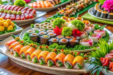 Assorted colorful sushi rolls and sashimi platters artistically arranged on decorative tables and pedestals for catering at upscale events and parties.