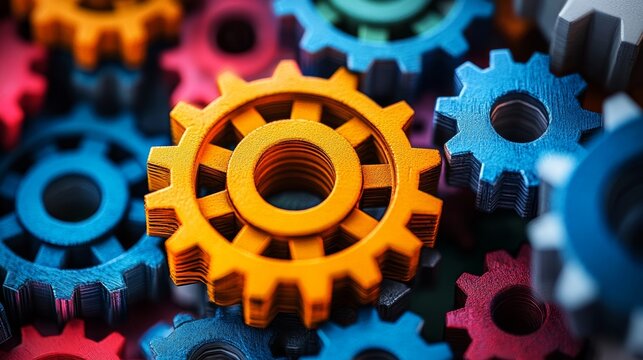 Artistic representation of teamwork using interlocking gears in bright, contrasting colors