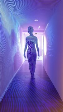 Futuristic reception area with a holographic greeter and dynamic art installations
