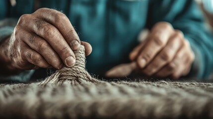 A striking image showing a pair of hands engaged in artisanal crafts, meticulously working with rope in a workshop, emphasizing the skill and dexterity involved in traditional crafting.