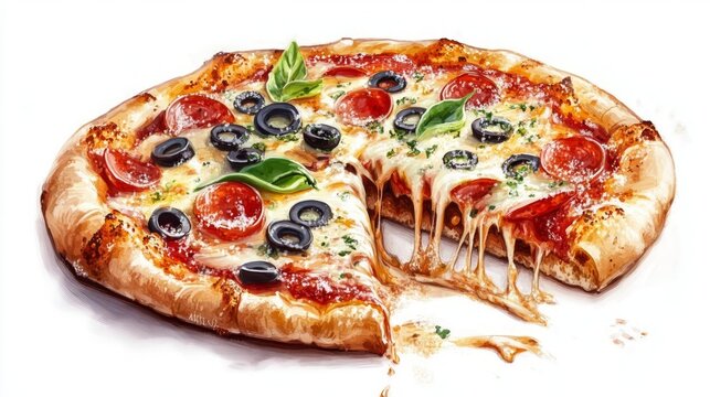 Painting of a rustic Italian pizza with detailed toppings  on a white background