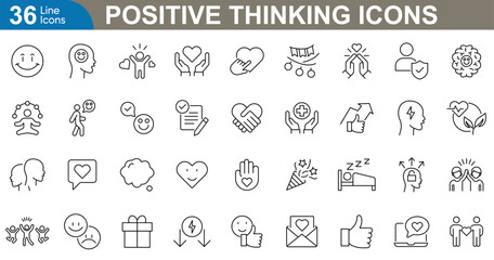 Positive thinking icons collection. Big UI line icon set. Sunshine, heart, open mind, thumbs up, happiness, growth arrow, loved and more. vector illustration.