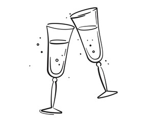 Champagne glasses with fizzy beverage in doodle style. Alcohol and cocktail drink menu. Celebration, party, holiday symbol. Birthday party, anniversary, christmas, new year, wedding