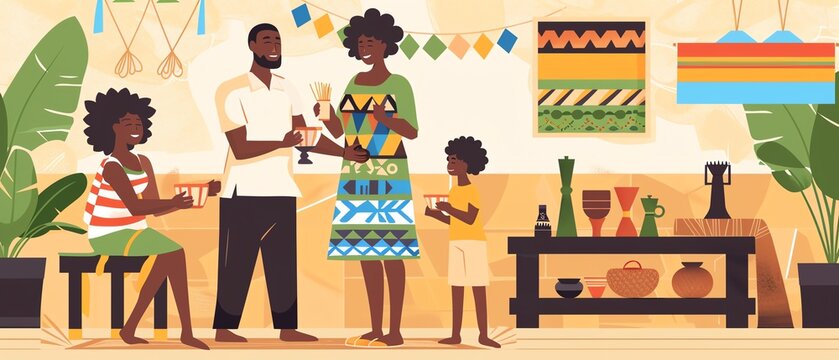 Family gathering for Kwanzaa, kinara and unity cup, flat design illustration