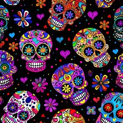 Fototapeta premium Seamless Pattern of Sugar Skulls with Colorful Floral Designs on Black Background, Bright and Vibrant Colors in Cute Cartoon Style, High-Resolution Digital Art