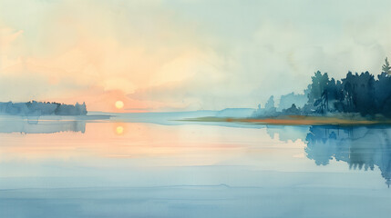 Serene Sunrise Reflections: A lone tree stands sentinel as dawn paints the sky and tranquil lake in delicate hues, a watercolor masterpiece of nature's quiet beauty. 