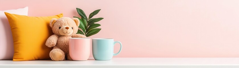 A cozy coffee corner with pastel-colored mugs, soft pillows, and a teddy bear