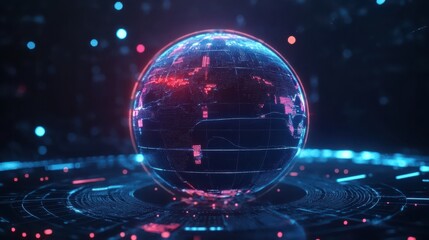 Fototapeta premium A glowing AI-powered predictive model visualized as a holographic globe with data points, symbolizing global forecasting and analysis, flat design illustration