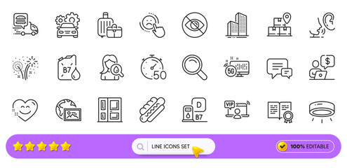 Not looking, Moisturizing cream and Certificate line icons for web app. Pack of Business person, Diesel canister, Whisper pictogram icons. Led lamp, Baggage, Smile chat signs. Search bar. Vector