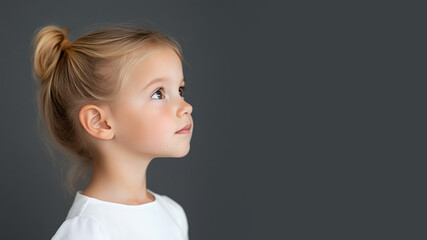 Side view of Germany little girl wearing white dress isolated on gray