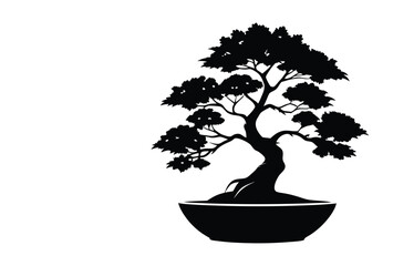 Black Color Bonsai Silhouette Vector Illustration, Solid White Background	