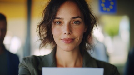 Confident professional woman with warm smile holding document, ready for presentation or interview. European Union flag visible in background.