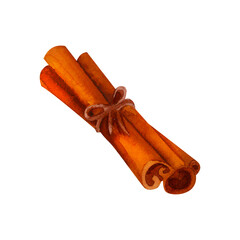 Sticks of fragrant Ceylon cinnamon are spices for baking, mulled wine, grog, masalla, and other hot drinks. Watercolor isolated illustration for autumn, winter, Christmas and Thanksgiving art