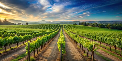 Vineyard landscape with rows of grapevines stretching into the distance, wine, winemaking, agriculture, farm, rural