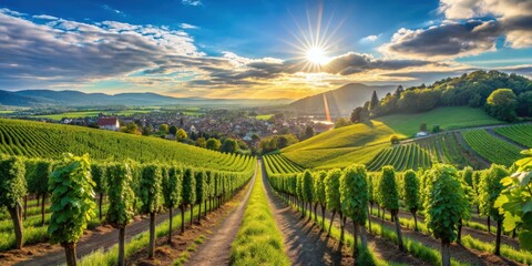 Vineyards in Freiburg, Germany with rows of grapevines under a sunny sky , vineyard, wine country, agriculture, scenic