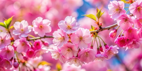 Naklejka premium Close-up of beautiful pink sakura flowers in full bloom, cherry blossoms, spring, petals, bloom, nature, pink, tree, close-up