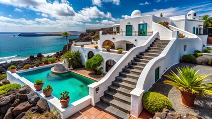 Obraz premium Winding white staircases and ornate archways adorn a contemporary architectural masterpiece, blending seamlessly with Lanzarote's volcanic landscape and vibrant turquoise ocean views.
