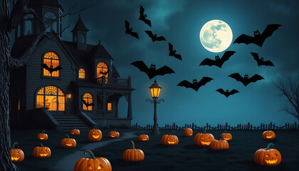 Fototapeta premium Spooky Night: Spooky Halloween scene with pumpkins on the ground in front of a haunted house, illuminated by a light pole and surrounded by trees and a fence. bats are flying in the night