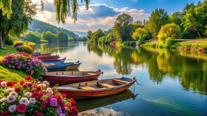 Tranquil watercolor river scene with boats and floral accents on riverbank, watercolor, river, boats, floral, blue, green