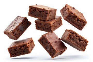 Pieces of chocolate brownies floating or falling in mid air, isolated on transparent background
