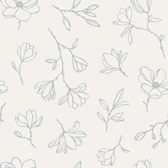 Hand drawn vector seamless pattern with line art magnolia flowers in pastel colors. Elegant floral pattern for romantic design, textile, wrapping paper. Botanical background with charming flowers