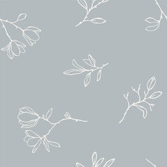 Seamless vector pattern with elegant magnolia flowers, branches and buds in pastel colors. Hand drawn line art botanical background for print, textile, wrapping paper. Lovely vector floral pattern © simpleblues