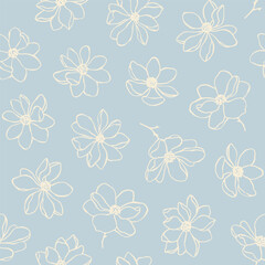 Obraz premium Hand drawn vector seamless pattern with lovely magnolia flowers, buds and branches. Elegant floral background for prints. Line art flowers. Pattern with blooming magnolias. Vintage illustration