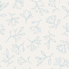 Seamless vector pattern with elegant magnolia flowers, branches and buds in pastel colors. Hand drawn line art botanical background for print, textile, wrapping paper. Lovely vector floral pattern