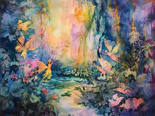 Naklejka premium Imaginative watercolor scene featuring summer fairies dancing in a whimsical garden.