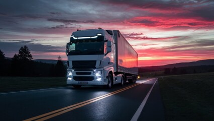 White Truck Traveling on Evening Road Toward Sunset