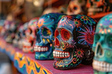 Fototapeta premium Colorful Mexican Sugar Skulls Painted with Vibrant Colors and Intricate Designs for Day of the Dead Festival, High-Quality Stylish Stock Photo