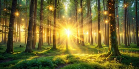 Naklejka premium Sunset in a magical forest with sunlight streaming through the trees, creating a sparkling and fantastical atmosphere