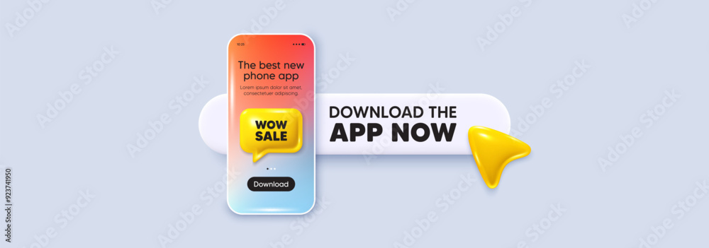 Wall mural Wow Sale tag. Download the app now. Phone mockup screen. Special offer price sign. Advertising Discounts symbol. Phone download app search bar. Wow sale text message. Vector