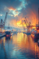 Fototapeta premium Panoramic shot of a vibrant harbor scene, with ships at berth, cranes in motion, and the reflective water, portraying the bustling atmosphere of the port
