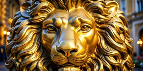 Close-up of a majestic golden lion head statue, lion, golden, head, statue, majestic, close-up, regal, animal, sculpture